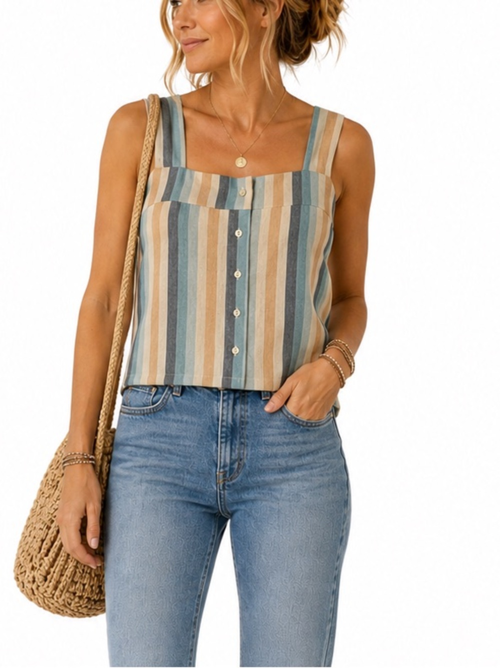 Knot Sisters Revolve Striped Linen Cotton tan cream blue gray tank Top